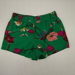 J Crew Women's Size 6 Linen Blend Shorts Green Pink Botanical Floral Poc…